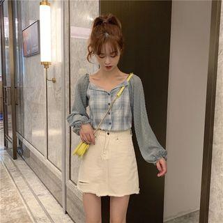 Dotted Mesh Sleeve Plaid Blouse