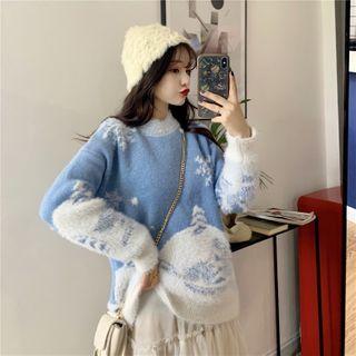 Snow Patterned Stand Collar Long-sleeve Sweater