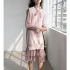 Set: Long-sleeve Dotted A-line Mesh Dress + Knit Vest