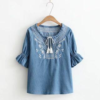 Short-sleeve Embroidered Denim Top