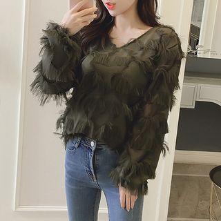 Fringe V-neck Chiffon Blouse