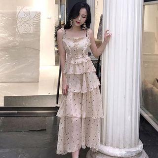 Dotted Strappy Midi A-line Chiffon Dress