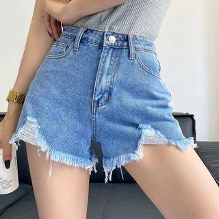 Distressed Hem High Waist Denim Shorts