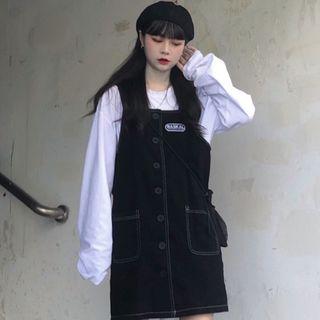 Denim Jumper Dress Black - One Side