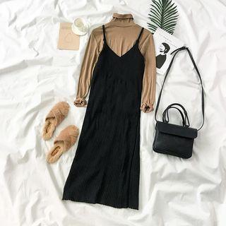 Long-sleeve Turtleneck T-shirt / Spaghetti-strap Midi Knit Dress