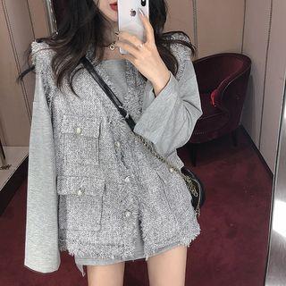 Long-sleeve T-shirt / Fringed Buttoned Tweed Vest