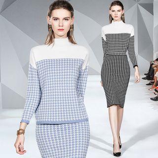 Set: Houndstooth Mock-turtleneck Sweater + Knit Skirt