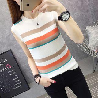 Knitted Stripe Crew-neck Sleeveless Top