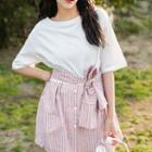 Set: Elbow-sleeve T-shirt + Striped A-line Skirt