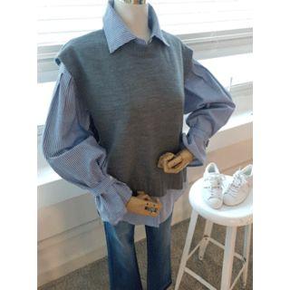 Set: Tie-sleeve Striped Shirt + Tie-detail Knit Top