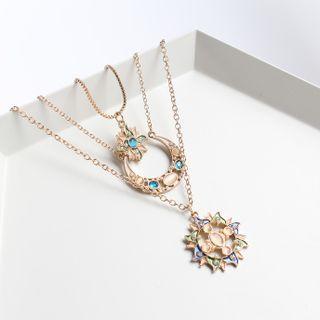 Sun & Moon Faux Cat Eye Stone Glaze Pendant Layered Alloy Necklace 1 Pc - Gold - One Size