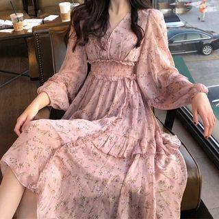 Long-sleeve V-neck Floral Chiffon Maxi Dress