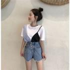 Short-sleeve Panel T-shirt / High-waist Denim Shorts