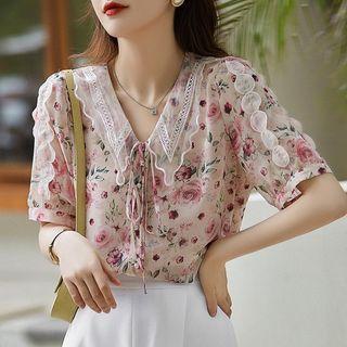 Mesh Collar Floral Blouse