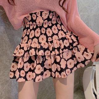 Plain Knit Top / Floral Print Mini A-line Skirt