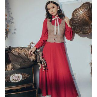 Tie-neck Long-sleeve A-line Midi Dress / Buttoned Plaid Vest / Set