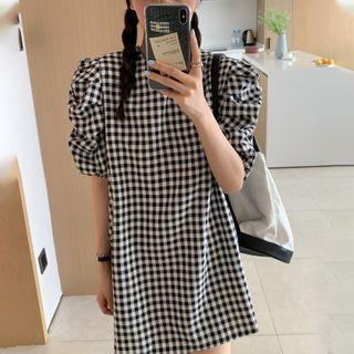 Puff-sleeve Plaid Shirred Loose Fit Dress