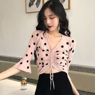 Dotted Drawstring 3/4-sleeve Knit Top