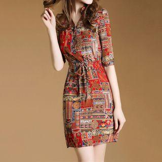 Elbow-sleeve Patterned Mini Sheath Dress