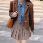 Plaid Blazer / Shirt With Necktie / Pleated Mini A-line Skirt