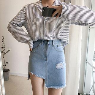 Plain Distressed Denim Pencil Skirt