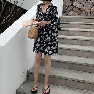 Elbow-sleeve Tie-back Floral Print Mini A-line Dress