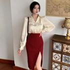 High-waist Slit Midi Pencil Skirt / Long-sleeve Blouse