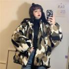 Camo Print Fleece Zip-up Hoodie Army Green & White & Black - One Size