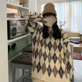 Argyle Long-sleeve Sweater Brown - One Size