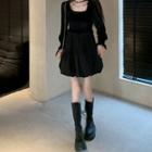 Long-sleeve Square-neck Velvet Panel Layer Dress Black - One Size