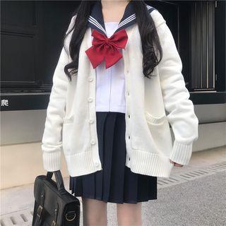 Sailor Collar Bow Accent Blouse / Mini Pleated Skirt / Plain Cardigan / Set
