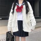 Sailor Collar Bow Accent Blouse / Mini Pleated Skirt / Plain Cardigan / Set