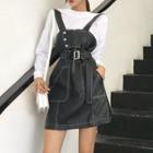 Faux-leather A-line Suspender Dress Black - One Size