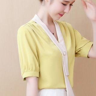 Short-sleeve V-neck Imitation Pearls Chiffon Blouse