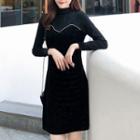 Long-sleeve Knit Panel Velvet A-line Dress