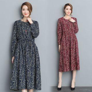 Paisley Print Long-sleeve A-line Corduroy Dress With Necklace
