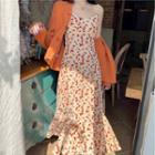 Set: Button Cardigan + Spaghetti Strap Floral Print Midi A-line Dress