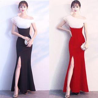 Short-sleeve Two-tone A-line Maxi Dress