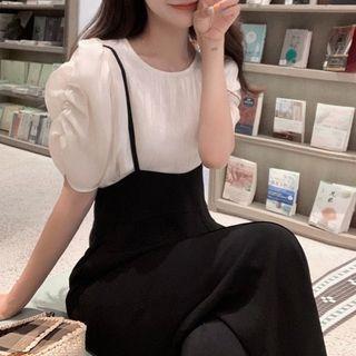 Short-sleeve Blouse / Wide-leg Suspender Pants