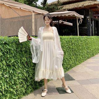 Spaghetti Strap Smocked Midi A-line Dress / Light Jacket