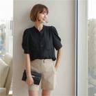 Puff-sleeve Pocket-front Blouse