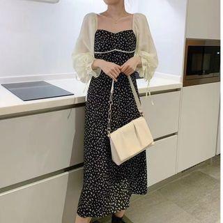 Long-sleeve Chiffon Panel Floral Print Midi A-line Dress