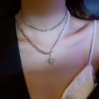 Star Rhinestone Pendant Faux Pearl Necklace Silver - One Size
