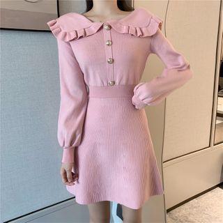 Collared Long-sleeve Knit A-line Dress Pink - One Size