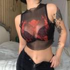Mesh See-through Butterfly Graphic Top
