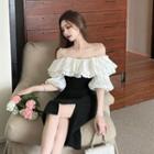 Cold-shoulder Ruffle Trim Two-tone Midi Bodycon Dress