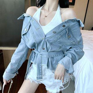 Tie-waist Denim Jacket Light Blue - One Size