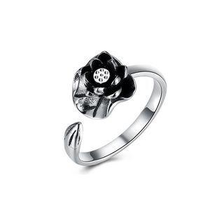 925 Sterling Silver Vintage Elegant Fashion Lotus Flower Adjustable Opening Ring Black - One Size