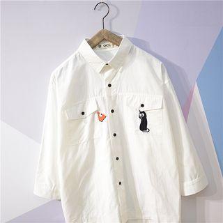 3/4 Sleeve Cat Embroidered Pocket Shirt