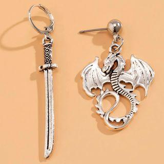 Dragon & Sword Asymmetrical Alloy Dangle Earring 1 Pair - Silver - One Size